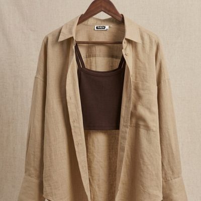 پیراهن کتان اورسایز مشکی زنانه %100 پنبه - شتری
