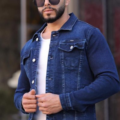 کت جین راحت دار کالپ با یقه کتی، جیب سینه و پهلو، دکمه‌ای، آستین بلند - سورمه‌ای
