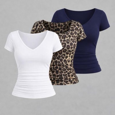 بلوز زنانه ۳ عددی لایکرا بیسیک - Lacivert1-leopar1-beyaz1