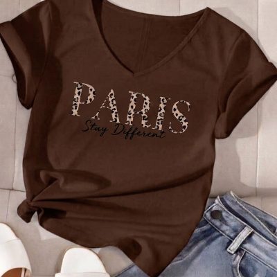 تیشرت زنانه یقه وی با طرح میکس - Kahverengi-PARİS-STAY-BASKILI