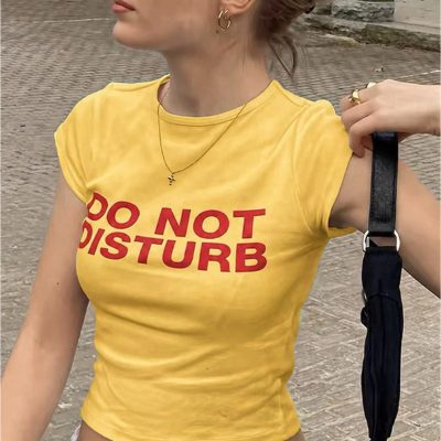 تیشرت کراپ زنانه طرح Do Not Disturb یقه گرد جذب مشکی - Sarı