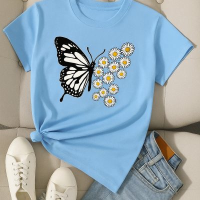 تیشرت یونیسکس طرح پروانه و گل مروارید - BEBE MAVİSİ