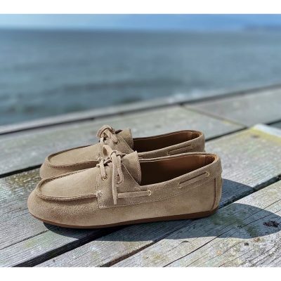 کفش زنانه چرم طبیعی موکاسین و بابت - بژ