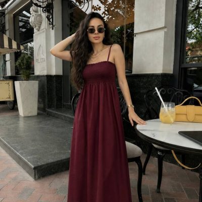 لباس مجلسی زنانه شیک با پارچه ساتن و دوخت دقت بالا - Vişne