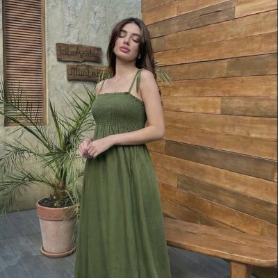 لباس مجلسی زنانه شیک با پارچه ساتن و دوخت دقت بالا - خاکی