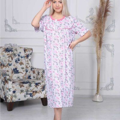 پیراهن خواب مادرانه زمستانی نخی پنبه‌ای بنفش - Pembe Kısa Kollu