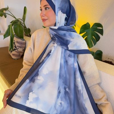 شال زنانه پنبه‌ای طرح قومی ایلهام سری مشکی و طوسی گرادیان ps136 - Lacivert-Degrade