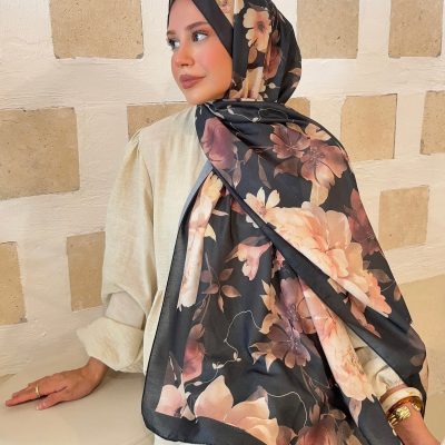 شال زنانه پنبه‌ای طرح قومی ایلهام سری مشکی و طوسی گرادیان ps136 - Siyah-Kahve Gül