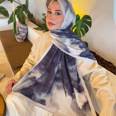 شال زنانه پنبه‌ای طرح قومی ایلهام سری مشکی و طوسی گرادیان ps136 - Lacivert-Gri