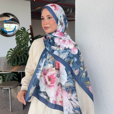 شال زنانه پنبه‌ای طرح قومی ایلهام سری مشکی و طوسی گرادیان ps136 - Lacivert-Pembe