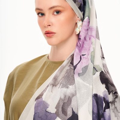 شال طرح دار فرانسوی Brume d’Amour ابریشم نرم سبز - بنفش
