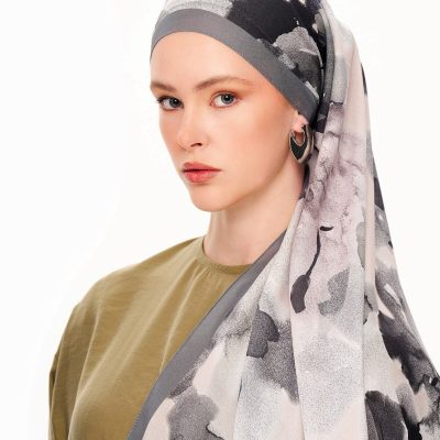 شال طرح دار فرانسوی Brume d’Amour ابریشم نرم سبز - خاکستری