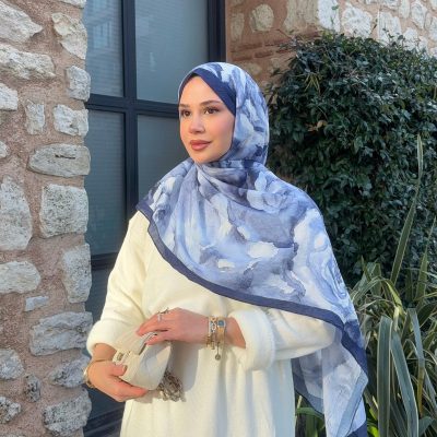 شال زنانه طرح دار بامبو کراش تو دوربان - Lacivert-Açık Mavi Gül