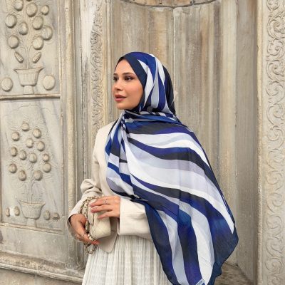شال زنانه طرح دار بامبو کراش تو دوربان - Lacivert-beyaz