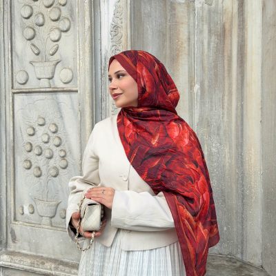 شال زنانه طرح دار بامبو کراش تو دوربان - Turuncu-bordo