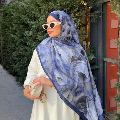 شال زنانه طرح دار بامبو کراش تو دوربان - Lacivert-Gül