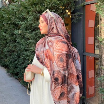 شال زنانه طرح دار بامبو کراش تو دوربان - Kahverengi-Kızıl Gül