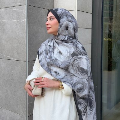 شال زنانه طرح دار بامبو کراش تو دوربان - Siyah-Gri Gül
