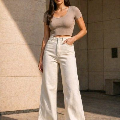 شلوار جین زنانه Isla Power مدل Lvk-001040a مشکی با کمر فوق‌العاده بالا و پاچه‌های گشاد - Bej d2