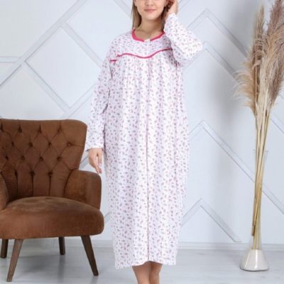 پیراهن خواب مادرانه زمستانی نخی پنبه‌ای بنفش - Pembe Kışlık