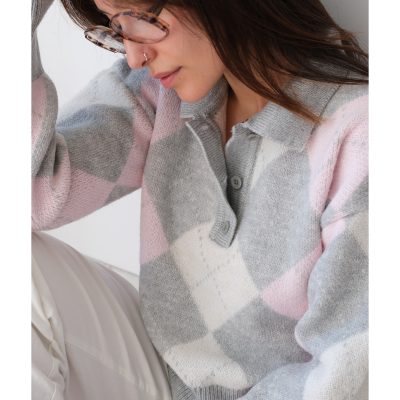 Una Fiaba - پلیور زنانه طرح باقلوا با یقه پولو و بافت نرم صورتی - خاکستری