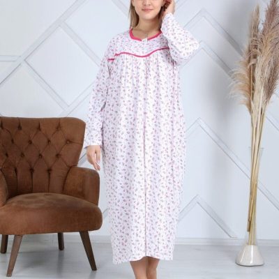 پیراهن خواب مادرانه زمستانی نخی پنبه‌ای بنفش - Desenli Pembe