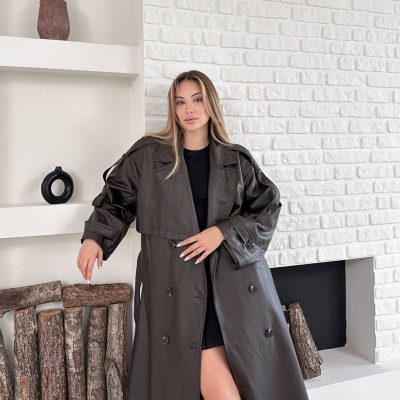 کت ترنچ زنانه چرمی قهوه‌ای Timagna
