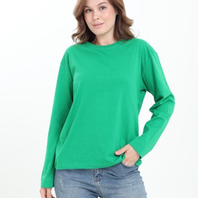 %100 ارگانیک پنبه مشکی بافت نرم مدل رگولار آستین بلند یقه گرد تیشرت نخی - Benetton Yeşil