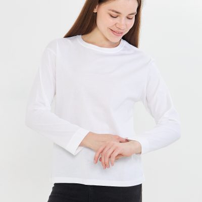 %100 ارگانیک پنبه مشکی بافت نرم مدل رگولار آستین بلند یقه گرد تیشرت نخی - سفید