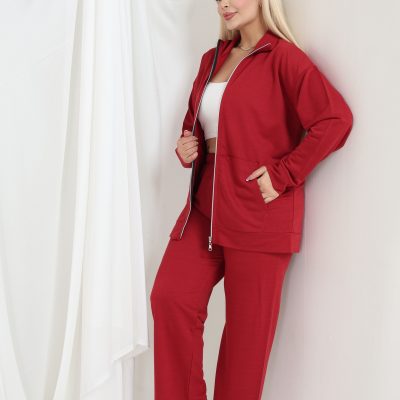 ست ورزشی زنانه سایز بزرگ با زیپ و یقه ایستاده، آستین بلند و راحت - شرابی