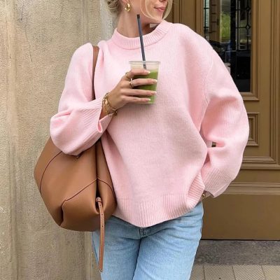 Pembe Oversize Kalıp Örgü Triko Kazak