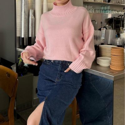 Pembe Boğazlı Kadın Triko Kazak Mg2535