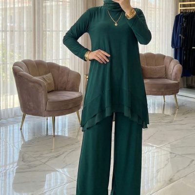 ست دو تکه مانتو و شلوار زنانه سندی مشکی با دامن حریر و شلوار پاچه گشاد - ZÜMRÜT