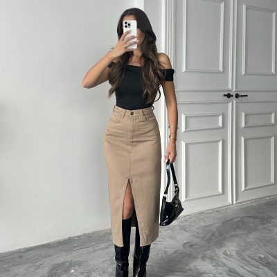 دامن کتان زنانه قهوه‌ای با چاک جلو و لبه‌ی برش خورده - خاکستری