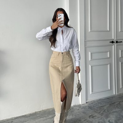 دامن کتان زنانه قهوه‌ای با چاک جلو و لبه‌ی برش خورده - کرم