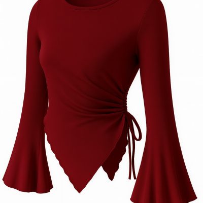 بلوز یقه گرد سفید با جزئیات دراپ و آستین اسپانیولی، مناسب حجاب - شرابی