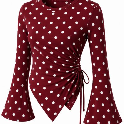 بلوز یقه گرد سفید با جزئیات دراپ و آستین اسپانیولی، مناسب حجاب - Bordo Puantiye
