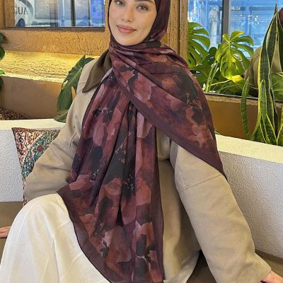 شال بامبو طرح گل بتیک مشکی - Koyu Bordo