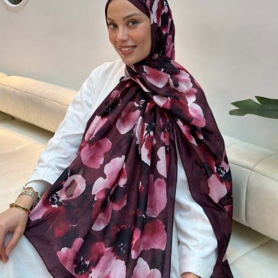 شال بامبو طرح گل بتیک مشکی - شرابی