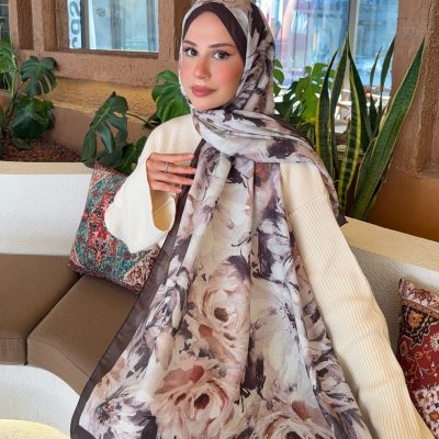 شال نخی نرم طرح‌دار Soon سری مشکی و سفید ps104 - Kahverengi-Bej