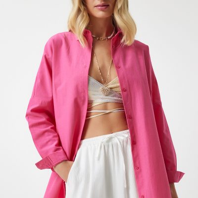 پیراهن زنانه سفید اورسایز بلند مدل DD00842 - Koyu Pembe