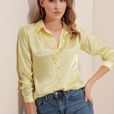 پیراهن 3964 از پارچه ساتن سبک - زرد روشن