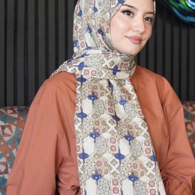 شال تسه‌تور طرح دار با پارچه کرپ - آبی