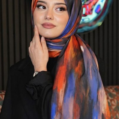شال تسه‌تور طرح دار با پارچه کرپ - نارنجی