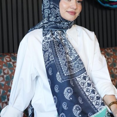 شال تسه‌تور طرح دار با پارچه کرپ - Lacivert80