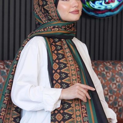 شال تسه‌تور طرح دار با پارچه کرپ - Çok Renkli 41