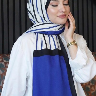 شال تسه‌تور طرح دار با پارچه کرپ - Çok Renkli 55