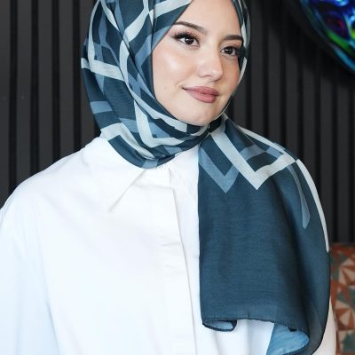 شال تسه‌تور طرح دار با پارچه کرپ - Koyu Mavi