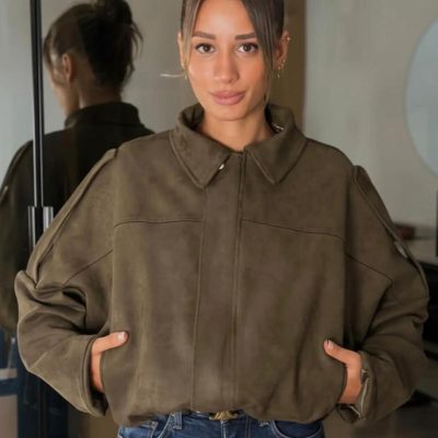 Oversize Apolet Detaylı Süet Kumaş Ceket