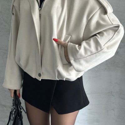 Oversize Apolet Detaylı Süet Kumaş Ceket